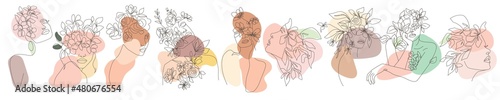 Set of Continuous Line Art of Woman Face and Flowers and Leaves. Abstract Minimalist Line Drawing with Floral Elements. Design Templates for Posters, Covers, t-Shirt Print, Banner etc. Vector EPS 10