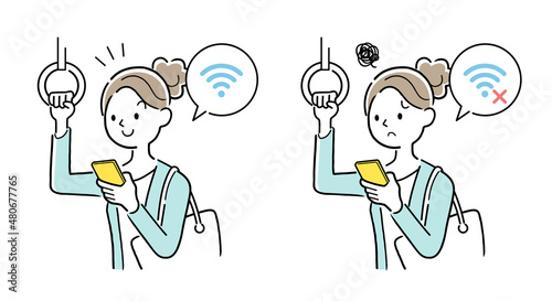 ベクターイラスト素材：Wi-Fiスポットを気にする女性
