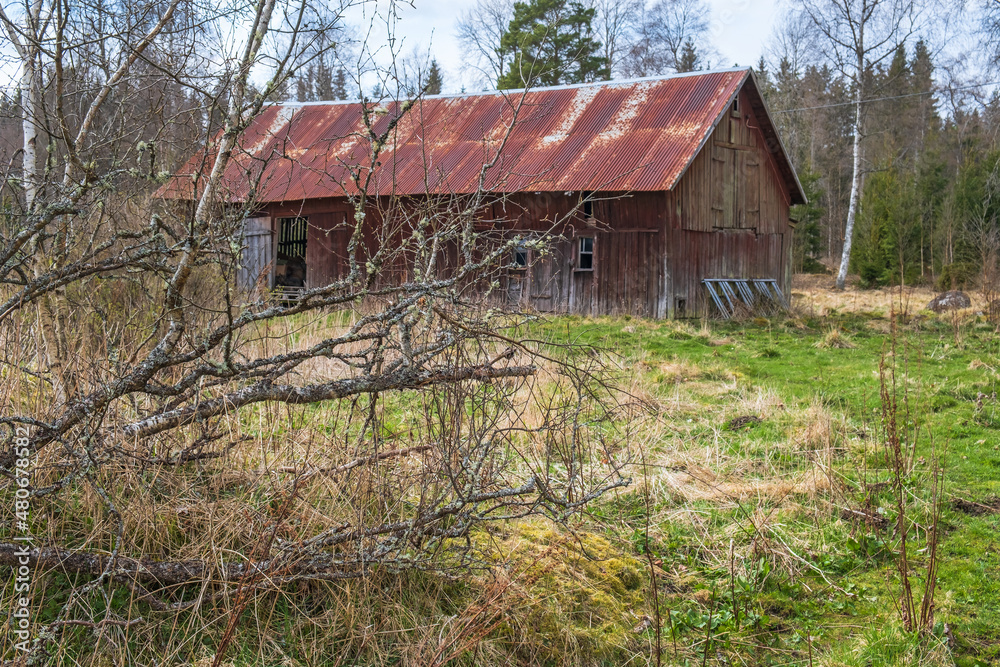 Red barn abandoned in the forest