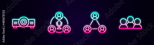 Set line Movie, film, media projector, Meeting, and . Glowing neon icon. Vector