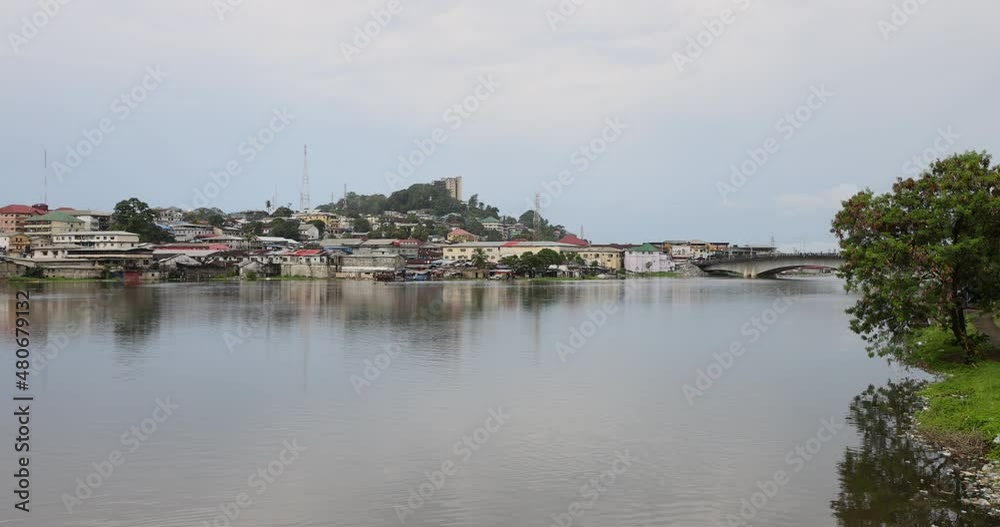 Providence Island ocean bay Monrovia Liberia pan. River landing. Original location American slaves were returned to Africa after freedom. Tropical bush, forest, jungle river. Providence Island ocean bay Monrovia Liberia pan. River landing. Original location American slaves were returned to Africa after freedom. Tropical bush, forest, jungle river.