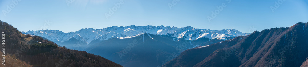 Panoramic of the Pyrenees chain from Bagneres de Luchon, in winter, in Haute Garonne, Occitanie, France