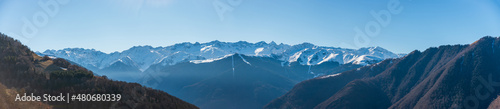 Panoramic of the Pyrenees chain from Bagneres de Luchon, in winter, in Haute Garonne, Occitanie, France