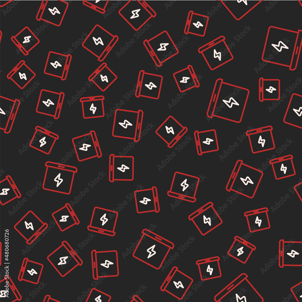 Line Laptop icon isolated seamless pattern on black background. Computer notebook with empty screen sign. Vector Line Laptop icon isolated seamless pattern on black background. Computer notebook with empty screen sign. Vector