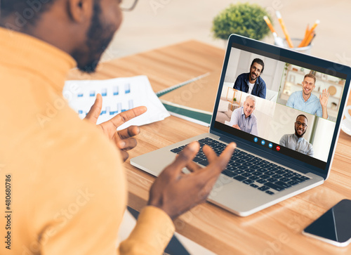 Video Conference. Black Businessman Having Online Web Call With Collagues