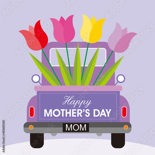 mother's day card with bouquet of tulips on the car