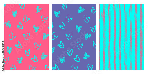 Set of patterns for Valentines Day gifts wrapping. Holidays backgrounds with hearts blue and pink colores