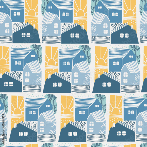 Seamless pattern with a rural landscape and a rising sun. Residential district. Small houses in urban, suburban or countryside landscape for surface design and other design projects photo