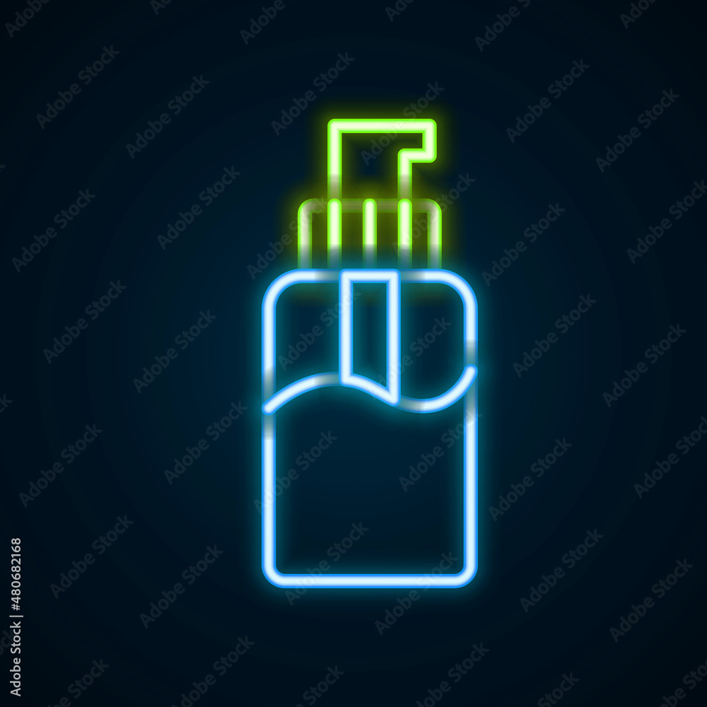 Glowing neon line Bottle of liquid antibacterial soap with dispenser icon isolated on black background. Disinfection, hygiene, skin care concept. Colorful outline concept. Vector Glowing neon line Bottle of liquid antibacterial soap with dispenser icon isolated on black background. Disinfection, hygiene, skin care concept. Colorful outline concept. Vector