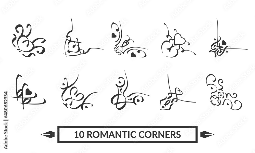 Obraz premium Set of 10 romantic frame corners. Template for romantic letter, greeting cards, wedding invitations, etc. Vector illustration on white background.