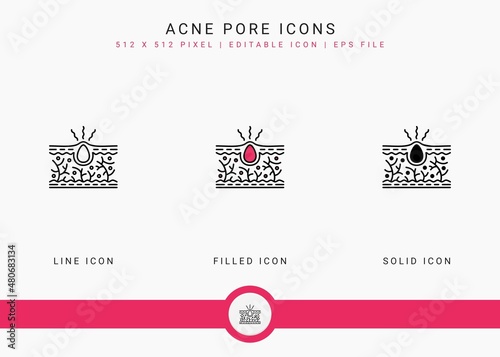 Acne pore icons set vector illustration with solid icon line style. Skin inflammation dermatology concept. Editable stroke icon on isolated background for web design, infographic and UI mobile app.
