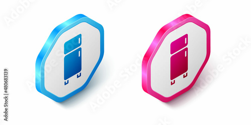 Isometric Refrigerator icon isolated on white background. Fridge freezer refrigerator. Household tech and appliances. Hexagon button. Vector