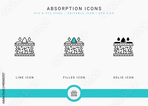 Absorption icons set vector illustration with solid icon line style. Skin moisture water concept. Editable stroke icon on isolated background for web design, user interface, and mobile application