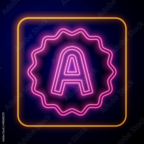 Glowing neon Exam sheet with A plus grade icon isolated on black background. Test paper, exam, or survey concept. School test or exam. Vector
