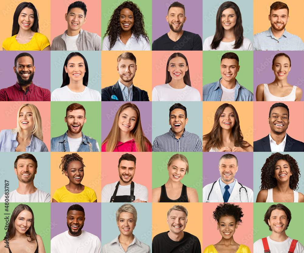 Diverse Smiling Multi Ethnic Young People Posing Over Colorful Backdrops, Creative Collage Diverse Smiling Multi Ethnic Young People Posing Over Colorful Backdrops, Creative Collage