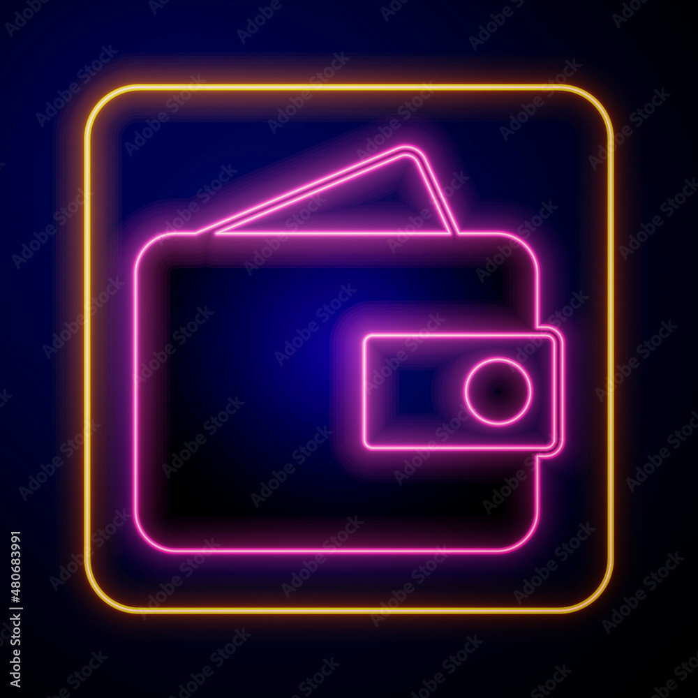 Glowing neon Wallet icon isolated on black background. Purse icon. Cash savings symbol. Vector Stock Vektorgrafik Adobe Stock