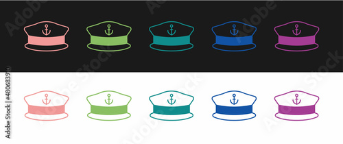 Set Captain hat icon isolated on black and white background. Vector