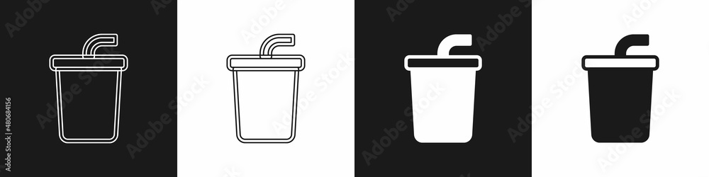 Set Paper glass with drinking straw and water icon isolated on black and white background. Soda drink glass. Fresh cold beverage symbol. Vector Set Paper glass with drinking straw and water icon isolated on black and white background. Soda drink glass. Fresh cold beverage symbol. Vector