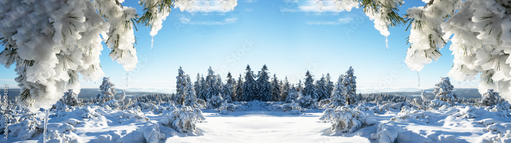 Stunning panorama of snowy landscape in winter in Black Forest - Snow view winter  wonderland snowscape background banner with frozen trees, icicle blue sky  and sunshine Stock Photo