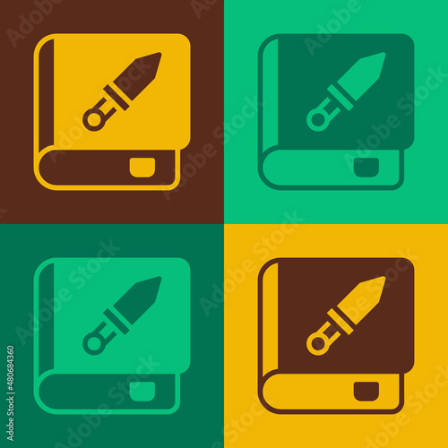 Pop art Book about weapon icon isolated on color background. Small firearm. Weapon catalog. Vector