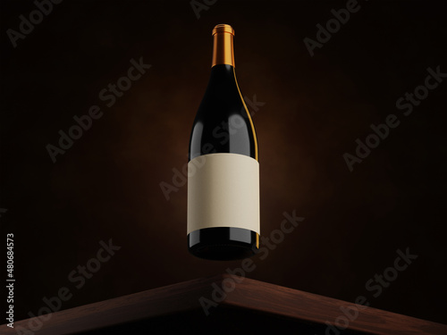 3D render gold top wine bottles mockup on brown background and wooden board