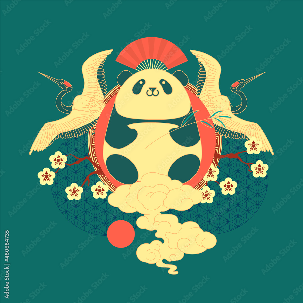 Fototapeta premium China illustration with panda bear, flying cranes, fan, clouds and sun. Traditional Chinese graphic element.