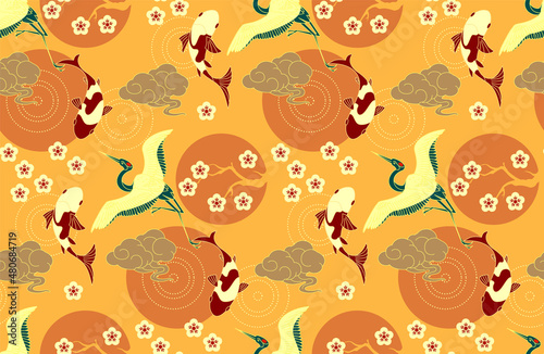 Chinese seamless pattern in traditional asian style. Cranes, koi fishes, flowers and clouds. China design.