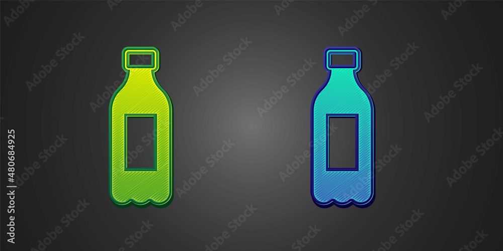 Green and blue Bottle of water icon isolated on black background. Soda aqua drink sign. Vector