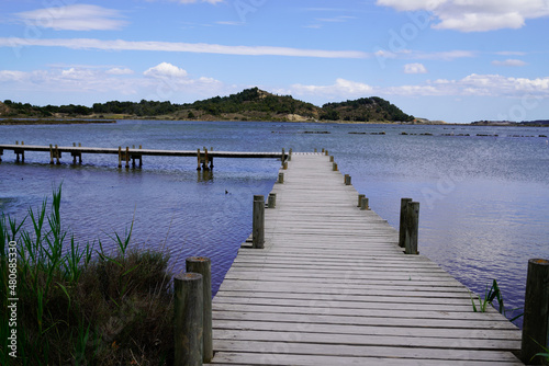 wooden pathway in Peyriac de Mer lake water in south france