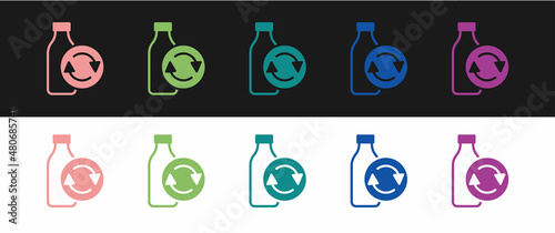 Set Recycling plastic bottle icon isolated on black and white background. Vector