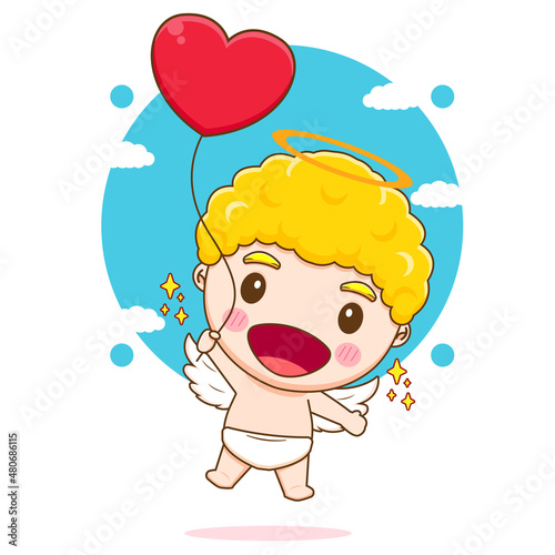 Cute Cupid angel floating with love balloons cartoon character. Valentine's day design concept.