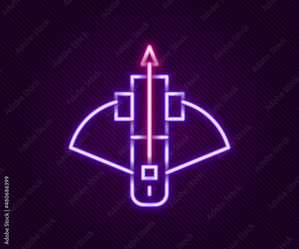 Glowing neon line Battle crossbow with arrow icon isolated on black background. Colorful outline concept. Vector Glowing neon line Battle crossbow with arrow icon isolated on black background. Colorful outline concept. Vector