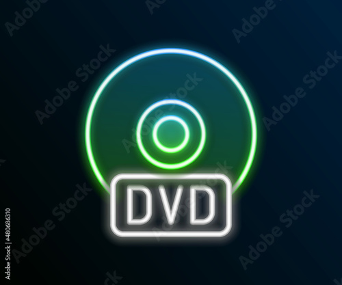 Glowing neon line CD or DVD disk icon isolated on black background. Compact disc sign. Colorful outline concept. Vector