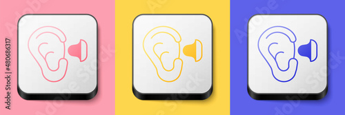 Isometric Earplugs and ear icon isolated on pink, yellow and blue background. Ear plug sign. Noise symbol. Sleeping quality concept. Square button. Vector