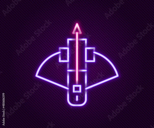 Glowing neon line Battle crossbow with arrow icon isolated on black background. Colorful outline concept. Vector
