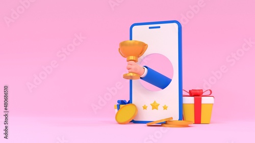 Mobile achievement and rewards. Cartoon human hand with golden winner cup, smartphone screen, coins and gift boxes. 3d render illustration
