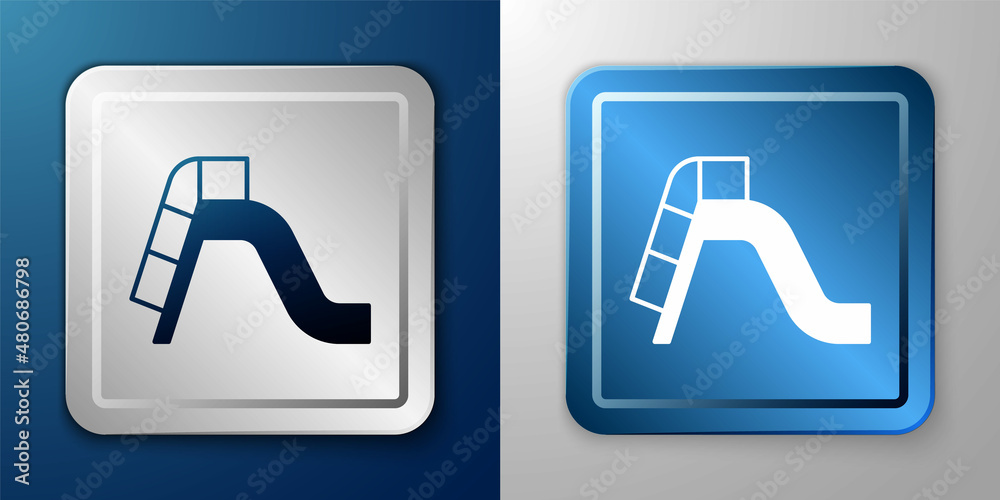 White Slide playground icon isolated on blue and grey background. Childrens slide. Silver and blue square button. Vector