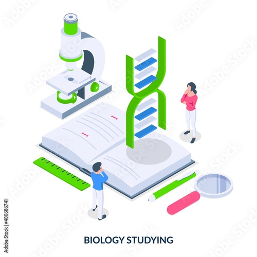 Biology study concept. People stand in front of a microscope, book and a DNA icon. Vector illustration in isometric style. Isometric vector illustration on white background.