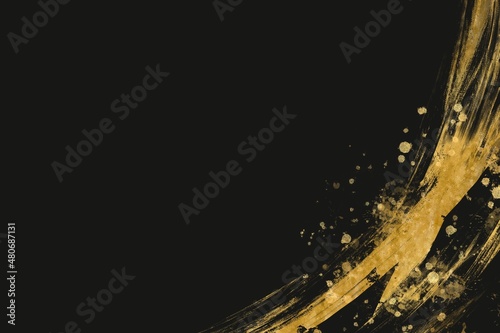 カーブした金色のブラシストロークのダーク抽象背景 黒背景 和風 筆 コピースペース ダイナミック 曲線