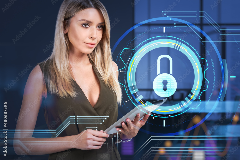 Office woman with digital device, hologram with locks and lines Office woman with digital device, hologram with locks and lines