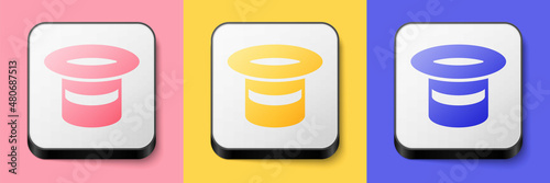 Isometric Magic hat icon isolated on pink, yellow and blue background. Magic trick. Mystery entertainment concept. Square button. Vector