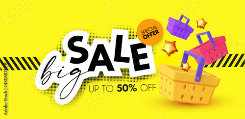 Cool Sale design template with shopping bascet. Spectial offer render space. photo