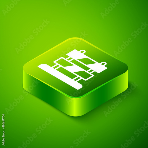 Isometric End of railway tracks icon isolated on green background. Stop sign. Railroad buffer end to destination. Green square button. Vector