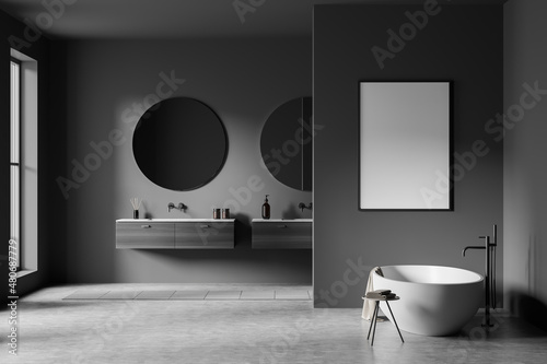 Bathroom interior with bathtub  sink and mirror  concrete floor. Mockup poster