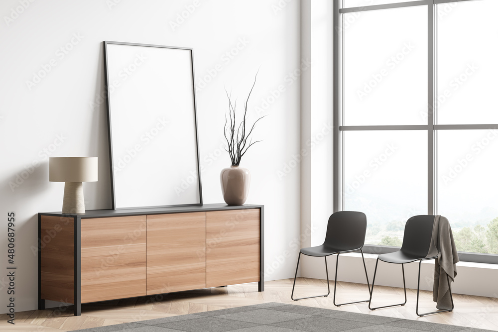 Light living room interior with seats and commode, mockup poster Light living room interior with seats and commode, mockup poster