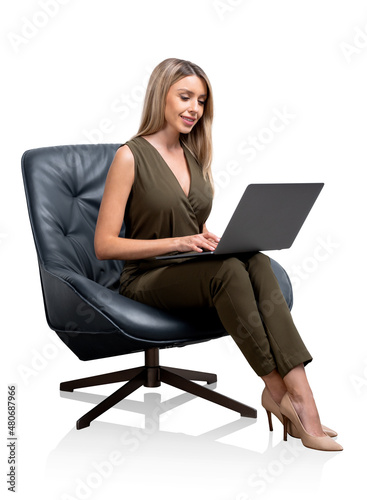Young office woman typing on laptop, isolated over white backgro