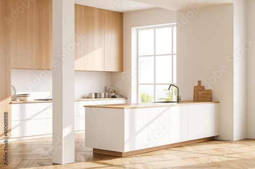 Light kitchen set interior with table and shelves with kitchenware  window