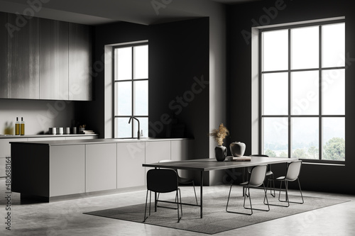 Stylish dining interior with table and seats, shelves and kitchenware, window Fotobehang