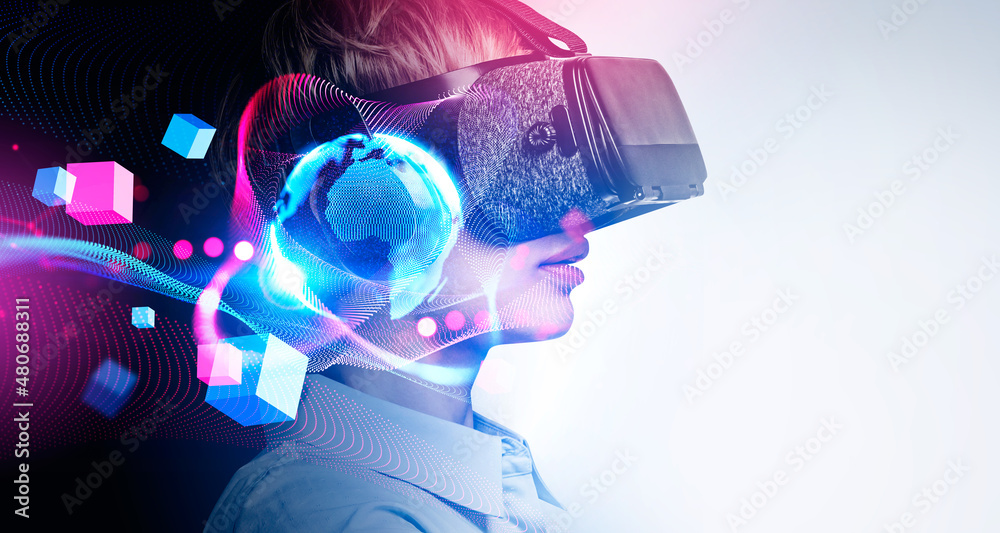 Office woman in vr glasses, metaverse hologram and cyberspace - obrazy, fototapety, plakaty 