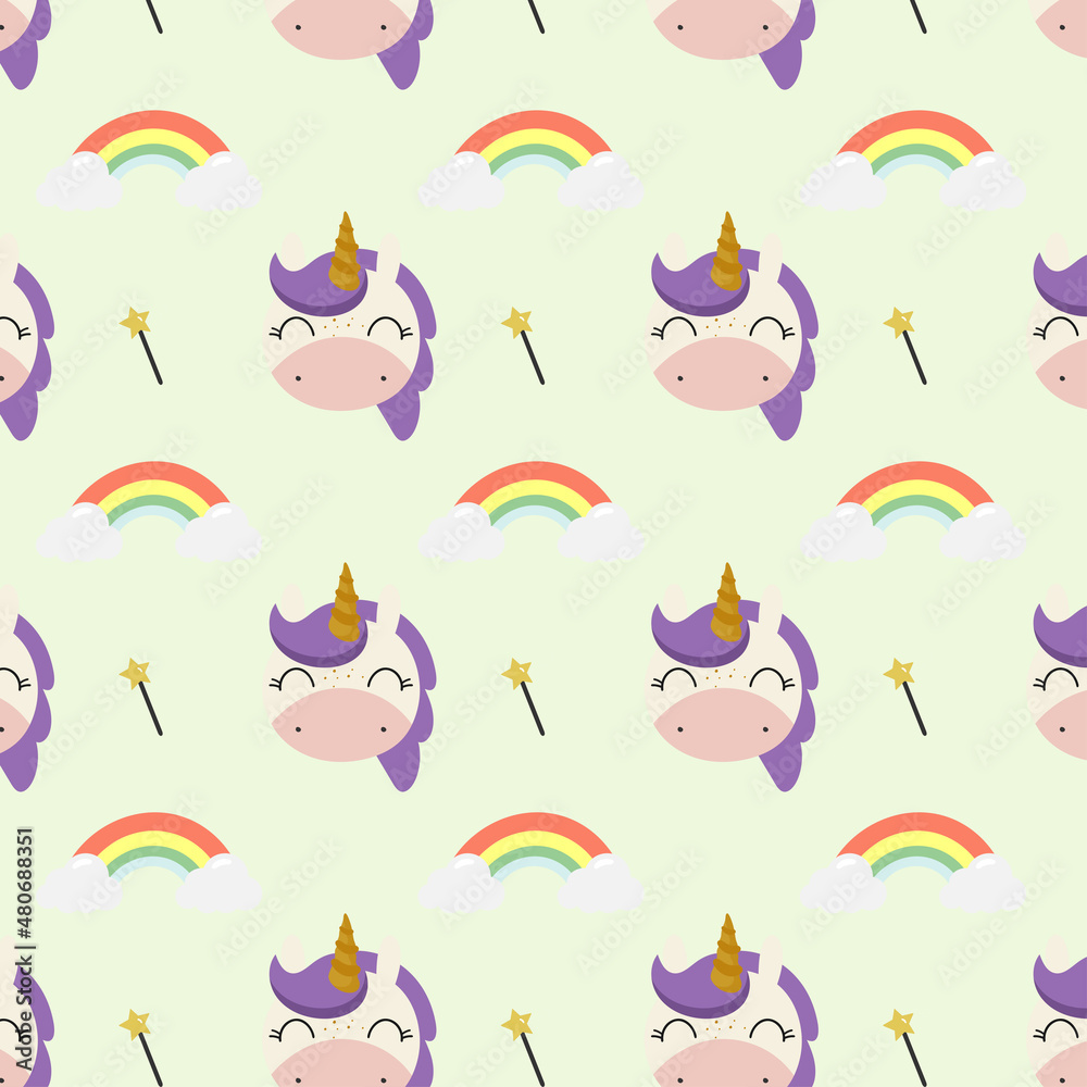 Fototapeta premium Vector seamless pattern with Magic Unicorn, rainbow and magic wand. For greeting card, posters, banners, children books, printing on the pack, printing on clothes, wallpaper.